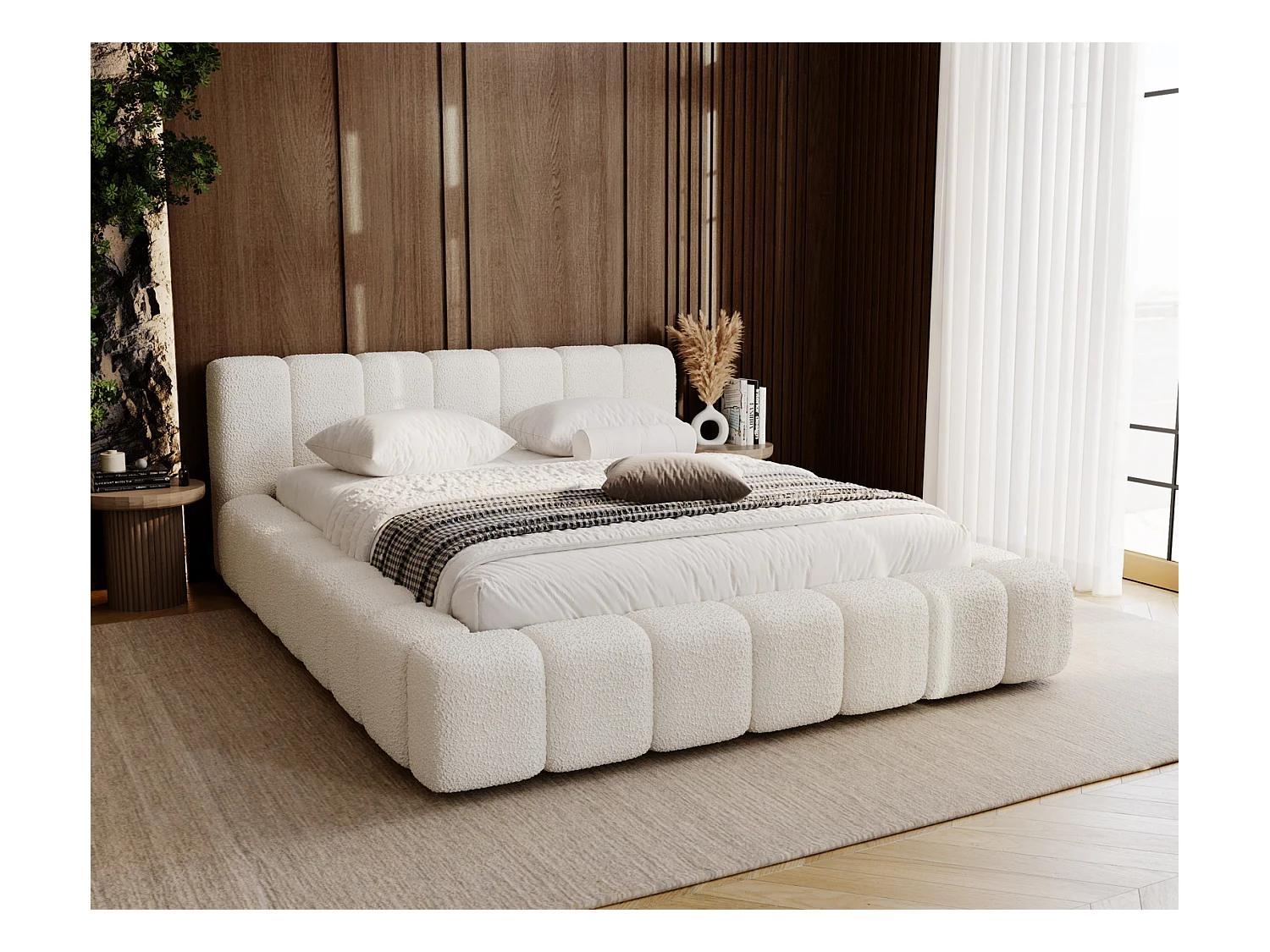 Emporius Bolonia lit capitonné 180x200 - lit bouclé 180x200 avec rangement, sommier à lattes - Crème (Anthology 1)