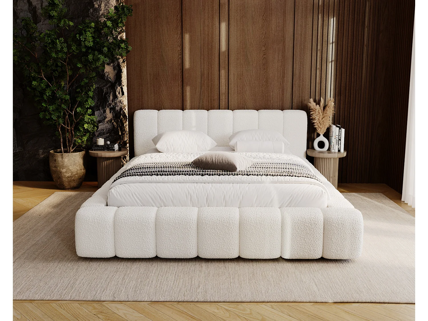 Emporius Bolonia lit capitonné 180x200 - lit bouclé 180x200 avec rangement, sommier à lattes - Crème (Anthology 1)