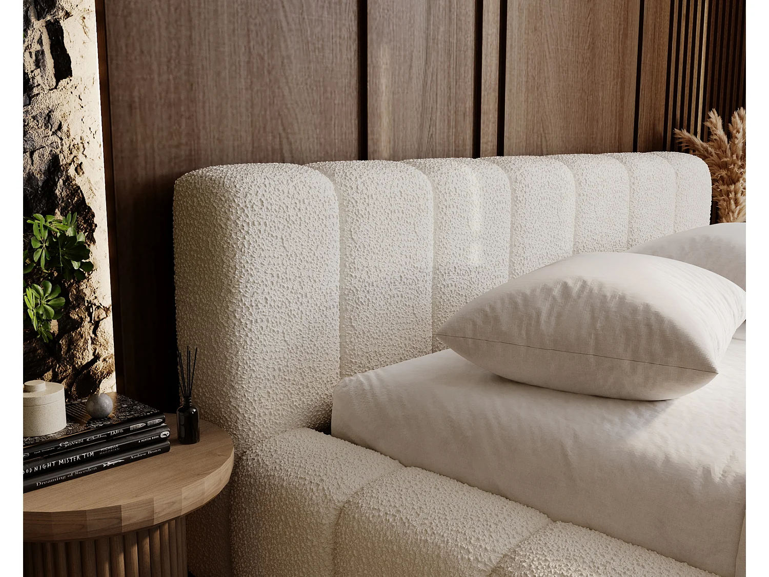 Emporius Bolonia lit capitonné 180x200 - lit bouclé 180x200 avec rangement, sommier à lattes - Crème (Anthology 1)