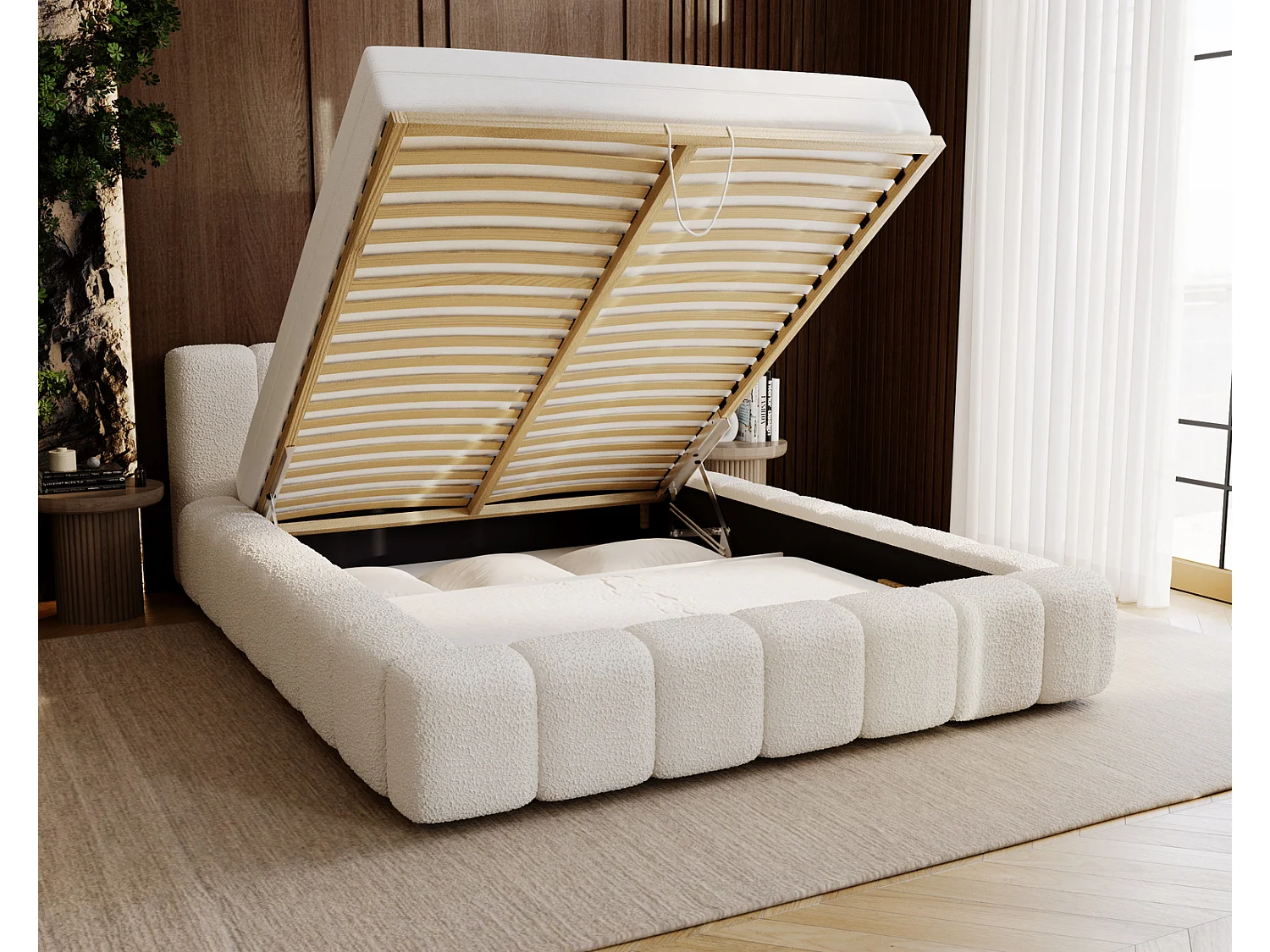 Emporius Bolonia lit capitonné 180x200 - lit bouclé 180x200 avec rangement, sommier à lattes - Crème (Anthology 1)