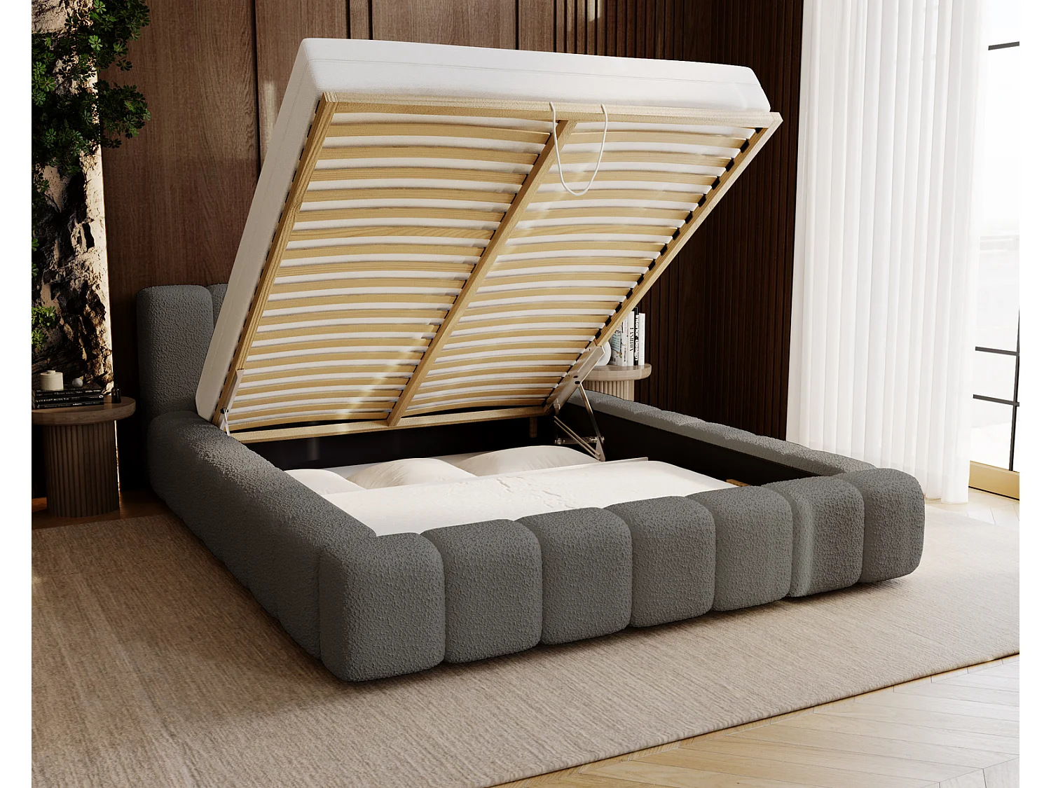 Emporius Bolonia lit capitonné 160x200 - lit bouclé 160x200 avec rangement, sommier à lattes - Gris foncé (Anthology 18)