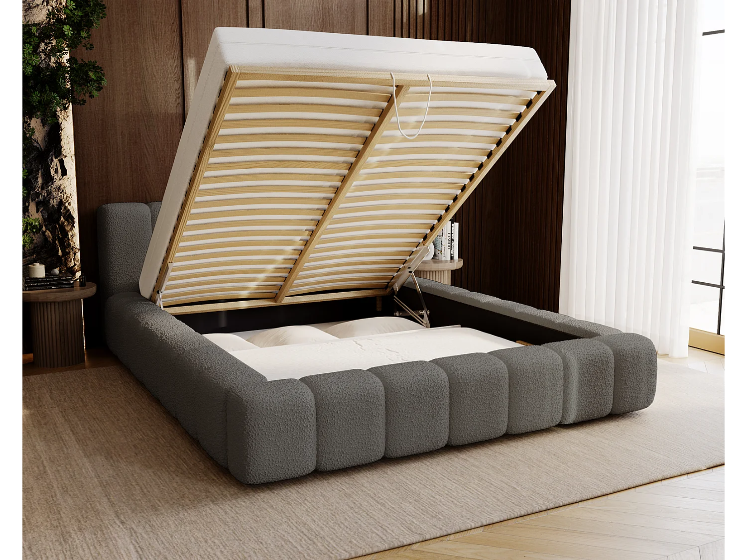 Emporius Bolonia gestoffeerd bed 160 x 200 - bed bouclé 160x200 cm, bed met opbergruimte en bedlade - Donkergrijs (Anthology 18)