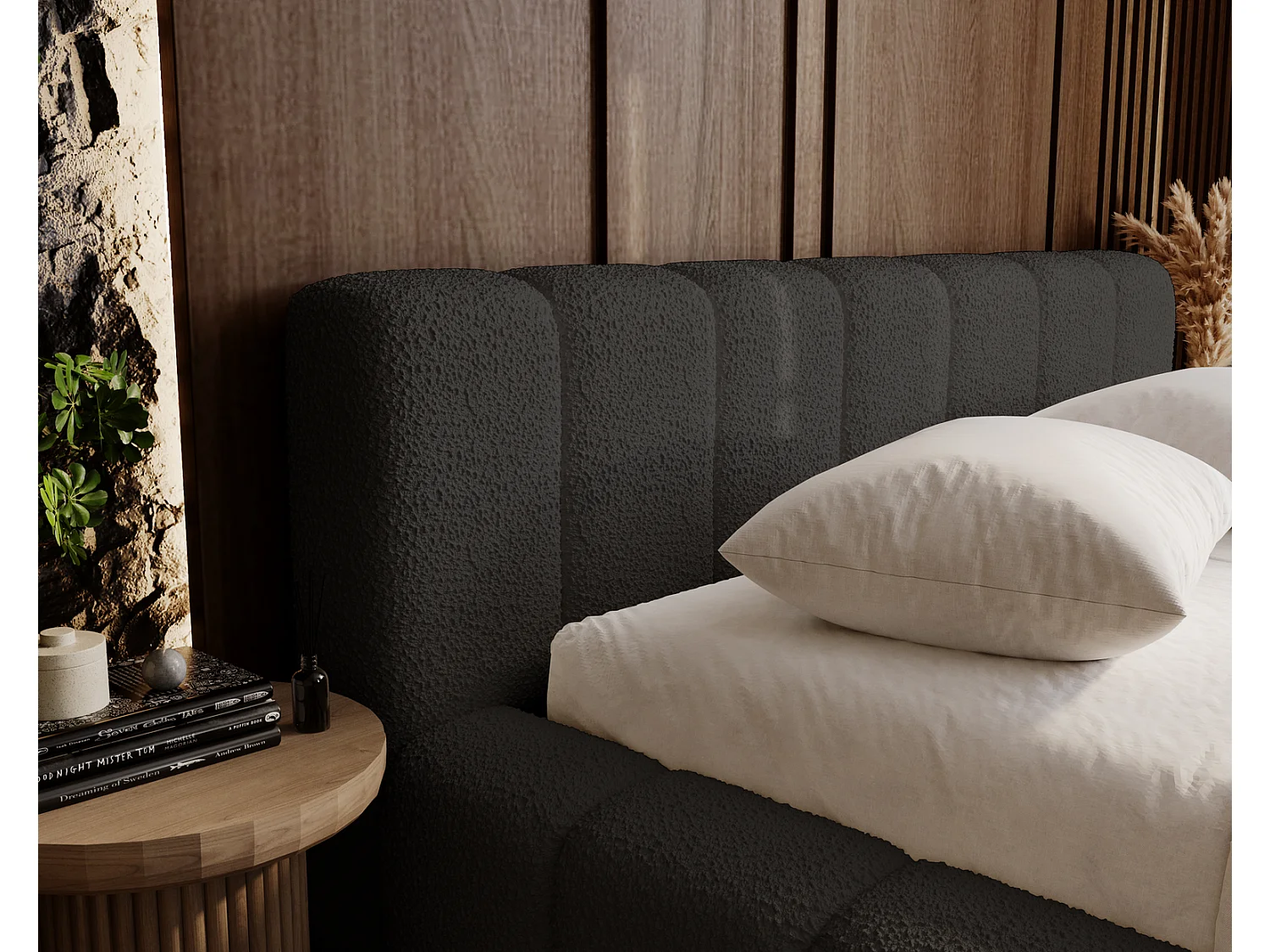 Emporius Bolonia lit capitonné 140x200 - lit bouclé 140x200 avec rangement, sommier à lattes - Noir (Anthology 19)