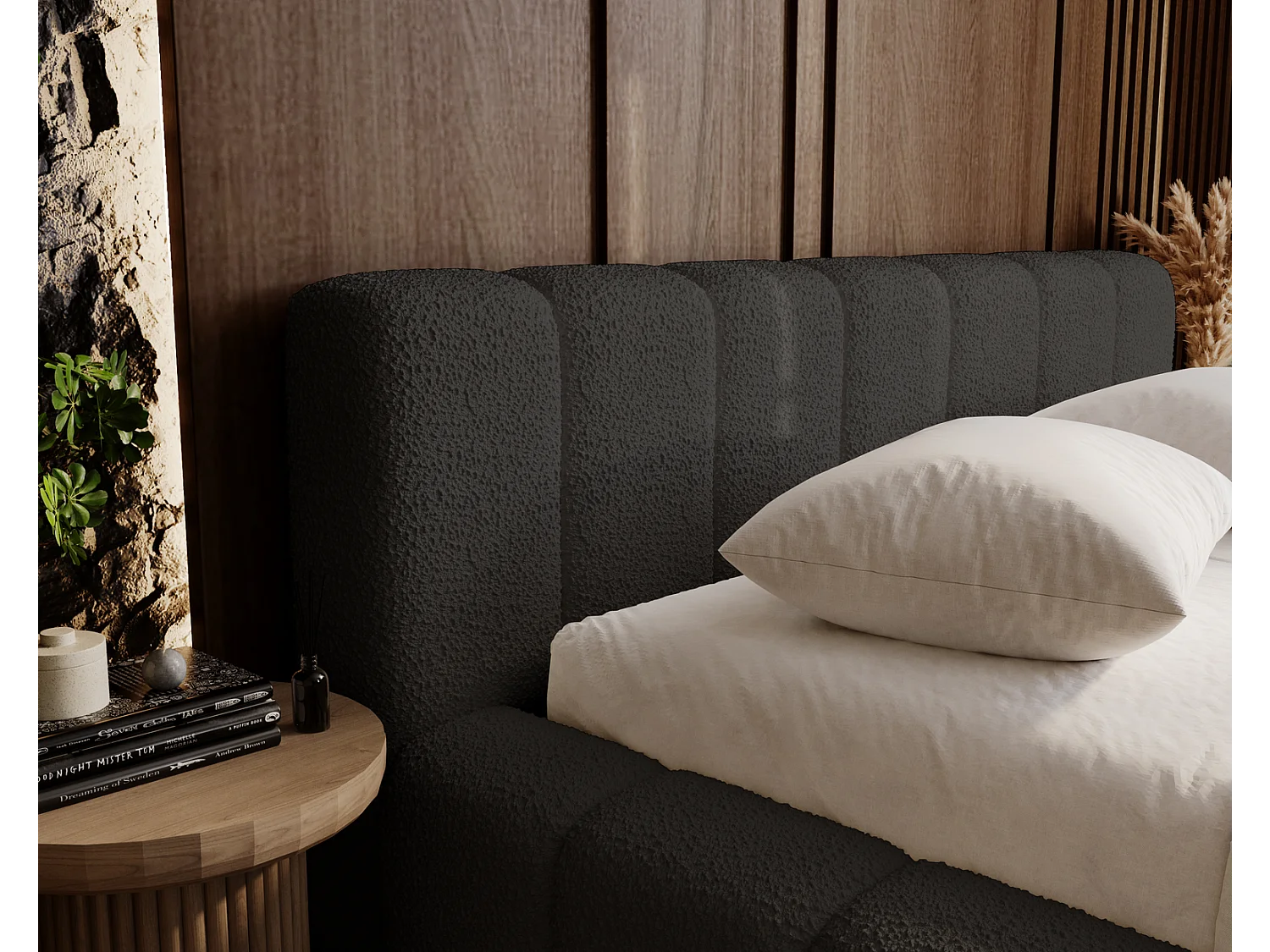 Emporius Bolonia łóżko 140x200 cm - łóżko tapicerowane 140x200 w nowoczesnym stylu - pojemnik, stelaż, gruba pianka, tkanina boucle, czarny (Anthology 19)