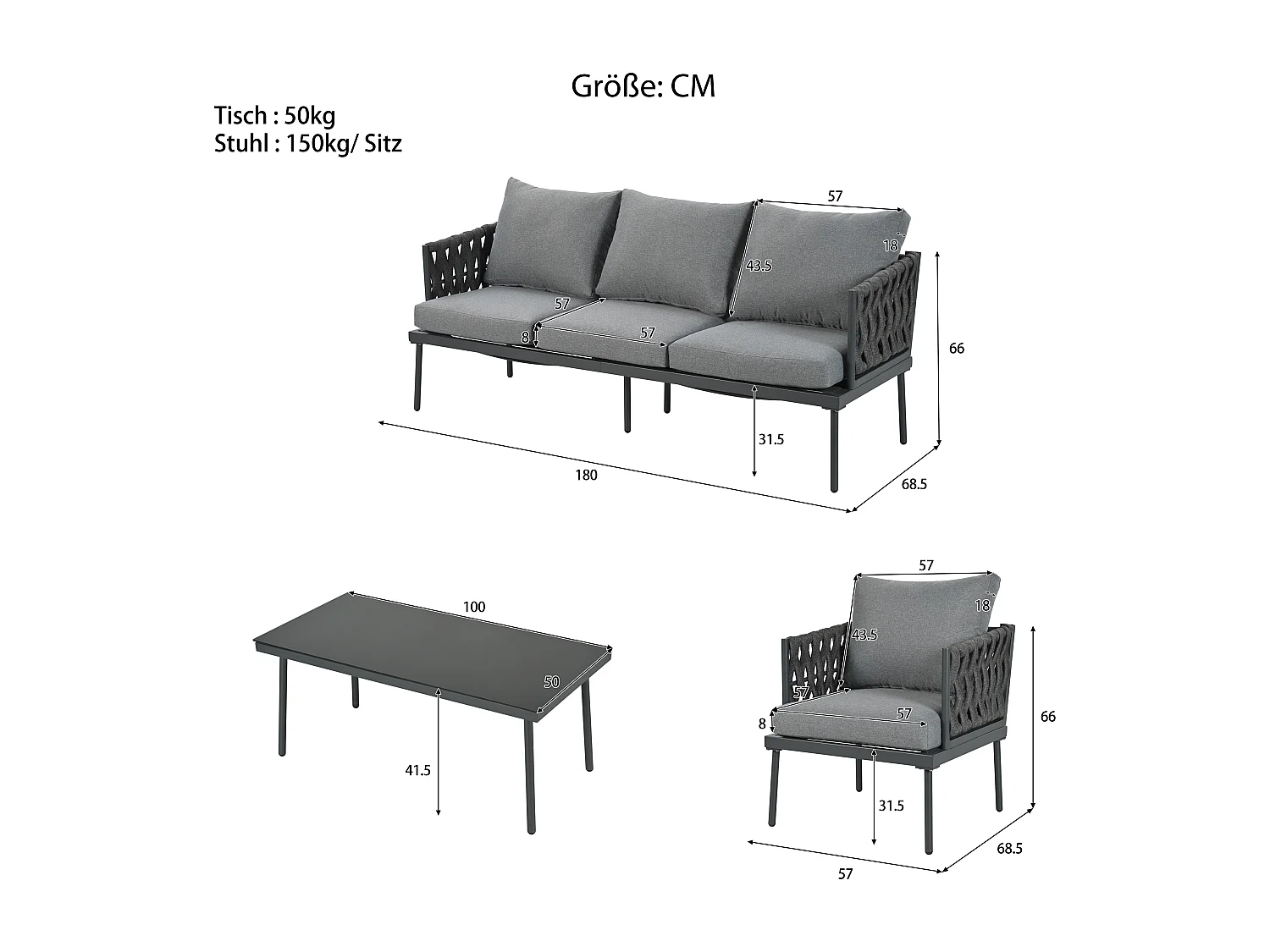 Salon de jardin modulable 5 places en acier galvanisé : 1 canapé 3 places + 2 fauteuils + 1 table basse rectangulaire - Gris