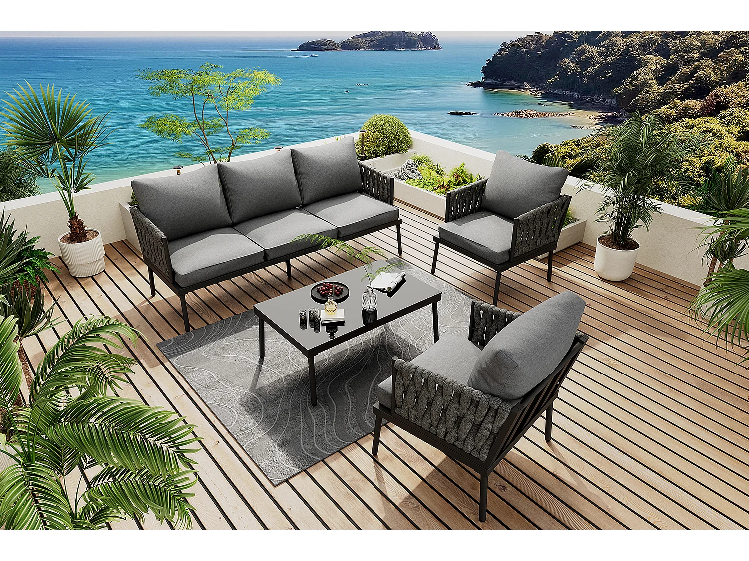 Salon de jardin modulable 5 places en acier galvanisé : 1 canapé 3 places + 2 fauteuils + 1 table basse rectangulaire - Gris