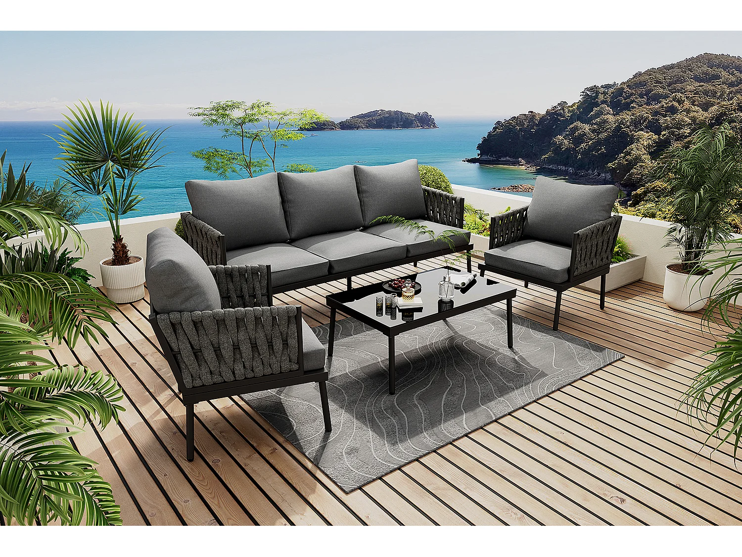 Salon de jardin modulable 5 places en acier galvanisé : 1 canapé 3 places + 2 fauteuils + 1 table basse rectangulaire - Gris