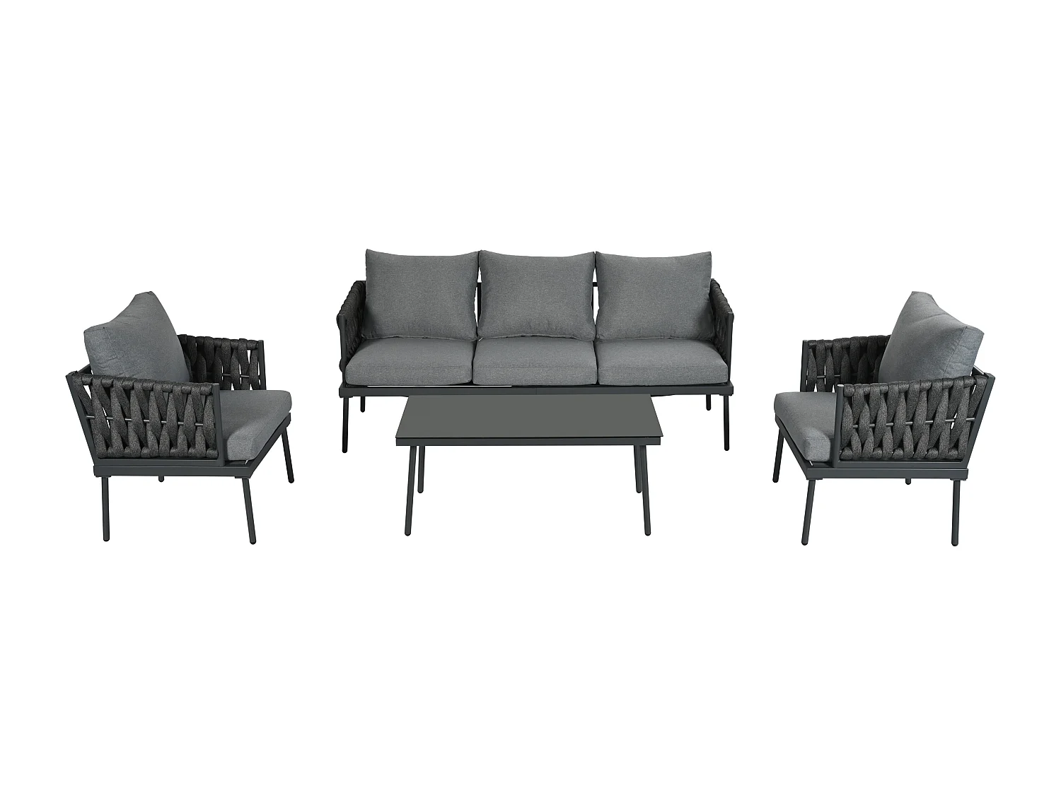 Salon de jardin modulable 5 places en acier galvanisé : 1 canapé 3 places + 2 fauteuils + 1 table basse rectangulaire - Gris