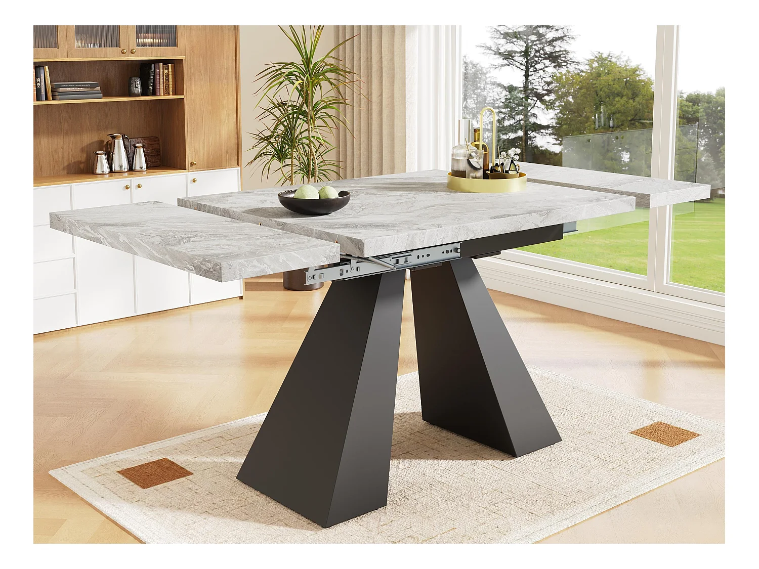 Table à manger escamotable 99-159 x 74 cm - 6 à 8 personnes - en MDF - Noir + Gris