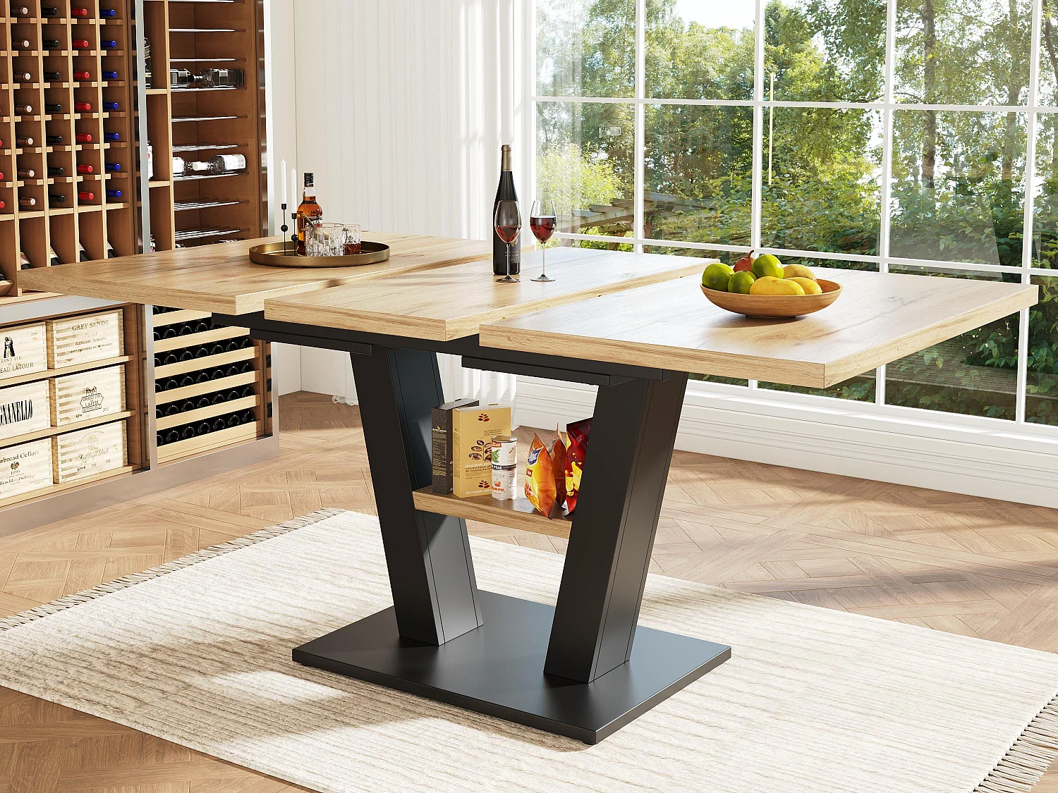 Table à manger escamotable（118-157x70cm）- en MDF - avec rangements - Noir & Naturel