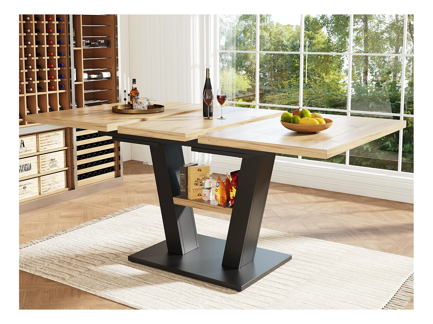 Table à manger escamotable（118-157x70cm）- en MDF - avec rangements - Noir & Naturel
