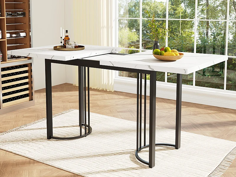 Mesa de jantar extensível (140-179.5 x 80 cm) - em MDF e metal - tampo efeito mármore - Branco