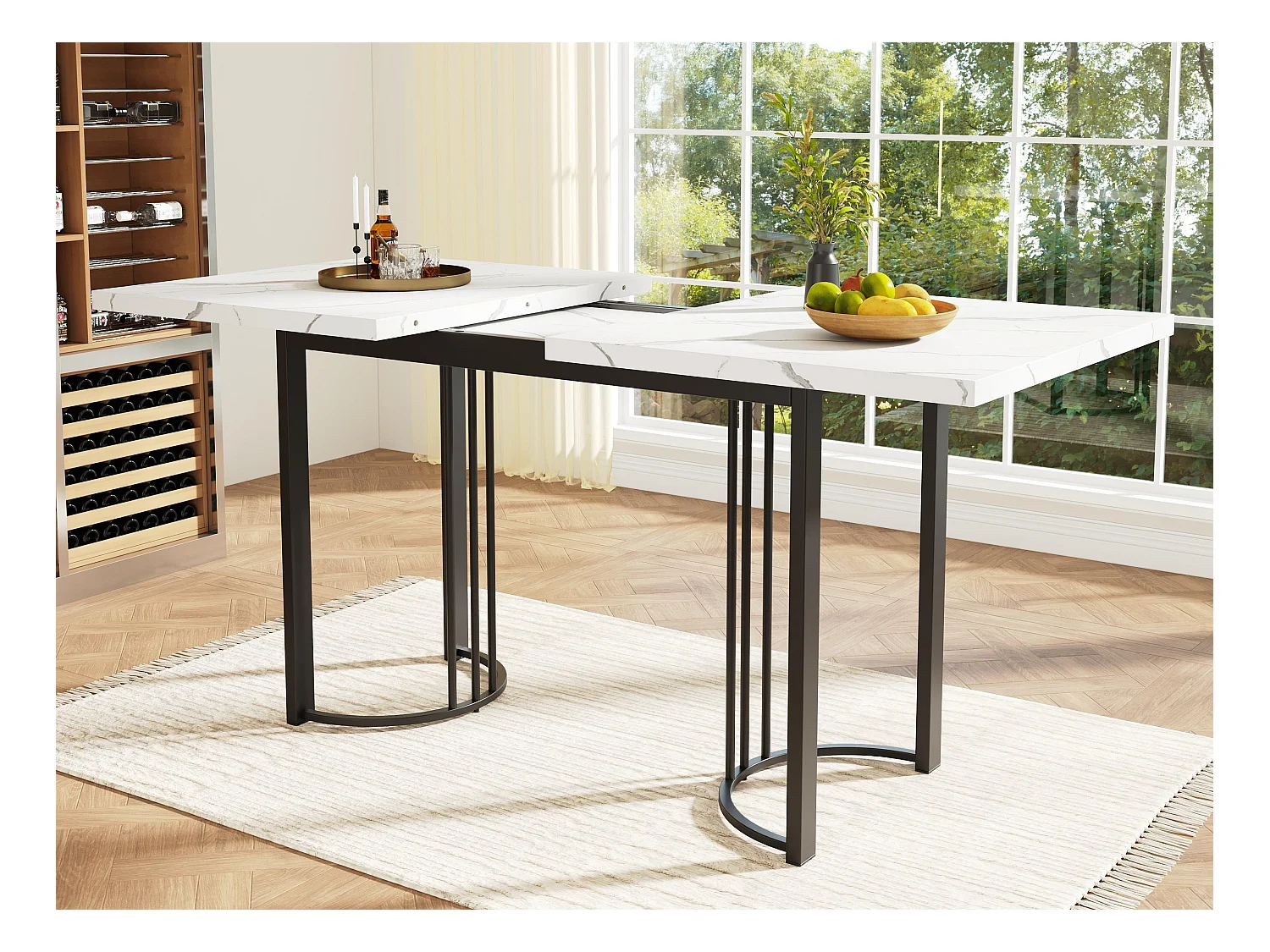 Table à manger escamotable（140-179.5x80cm)- en MDF & Métal - plateau effet marbre - Blanc