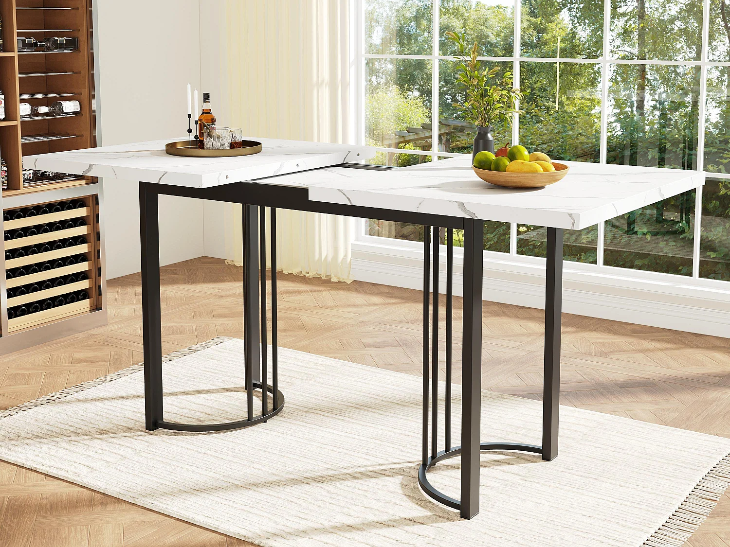 Table à manger escamotable（140-179.5x80cm)- en MDF & Métal - plateau effet marbre - Blanc