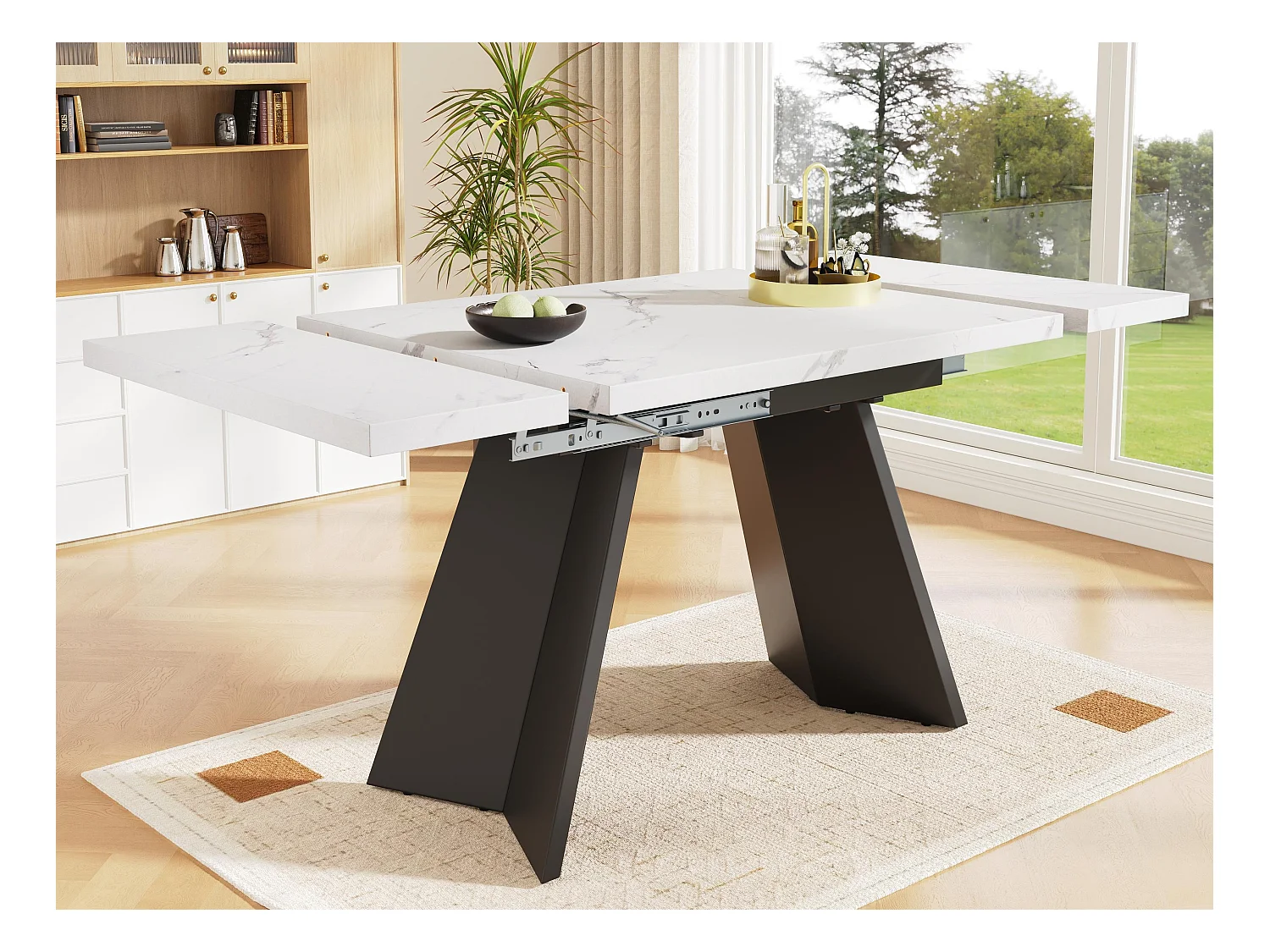 Table à manger escamotable 99-159 x 74 cm - 6 à 8 personnes - en MDF - Blanc + Noir