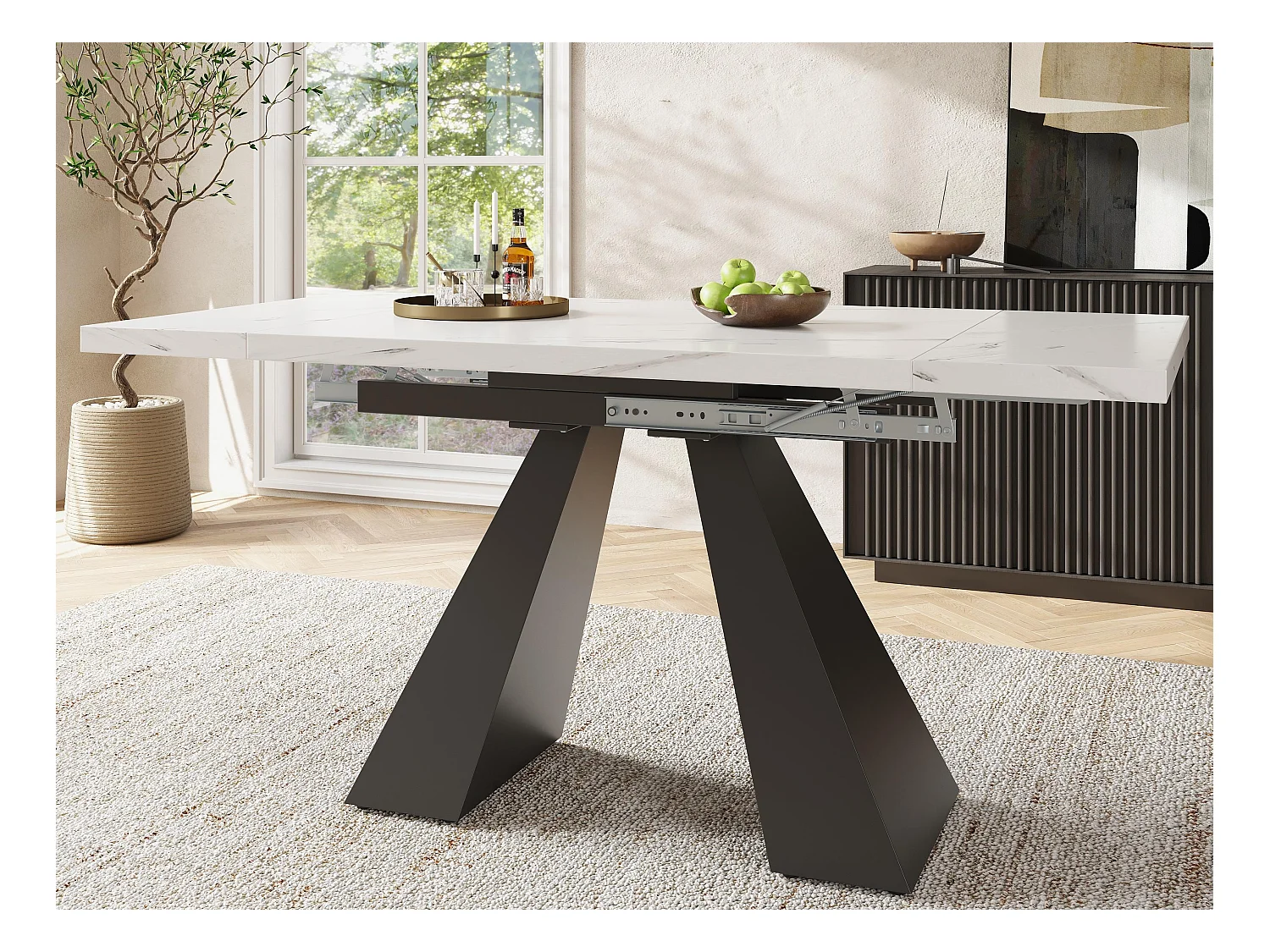 Table à manger escamotable 99-159 x 74 cm - 6 à 8 personnes - en MDF - Blanc + Noir