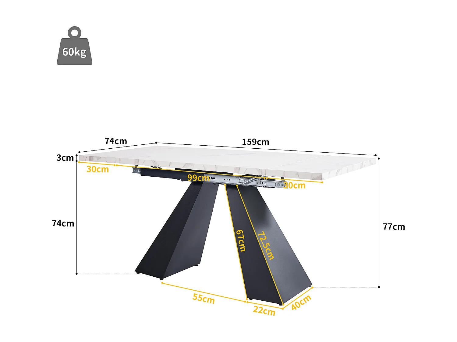 Mesa de comedor extensible 99-159 x 74 cm - 6 a 8 personas - en MDF - Blanco + Negro