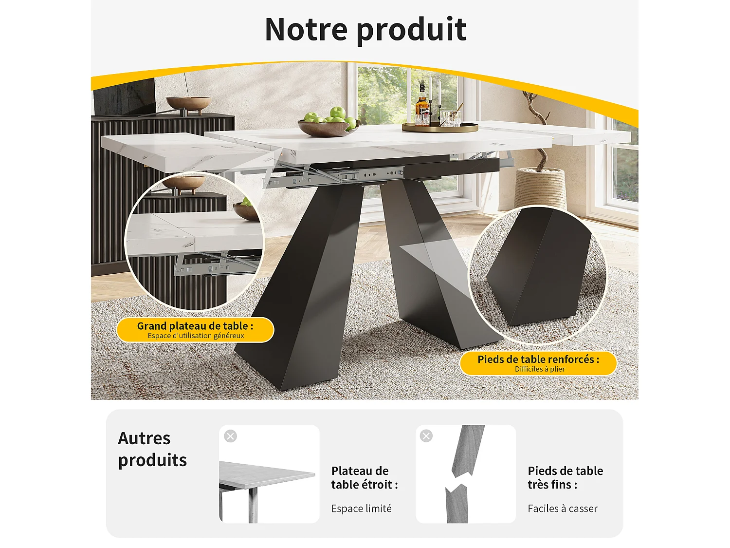 Table à manger escamotable 99-159 x 74 cm - 6 à 8 personnes - en MDF - Blanc + Noir