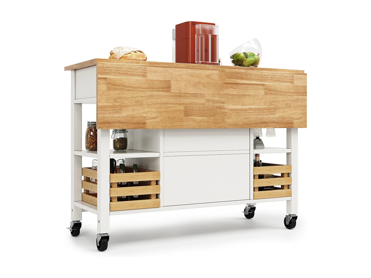 Ilot central de cuisine - chariot à roulette avec plateau extensible - 3 tiroirs et 2 portes - Blanc