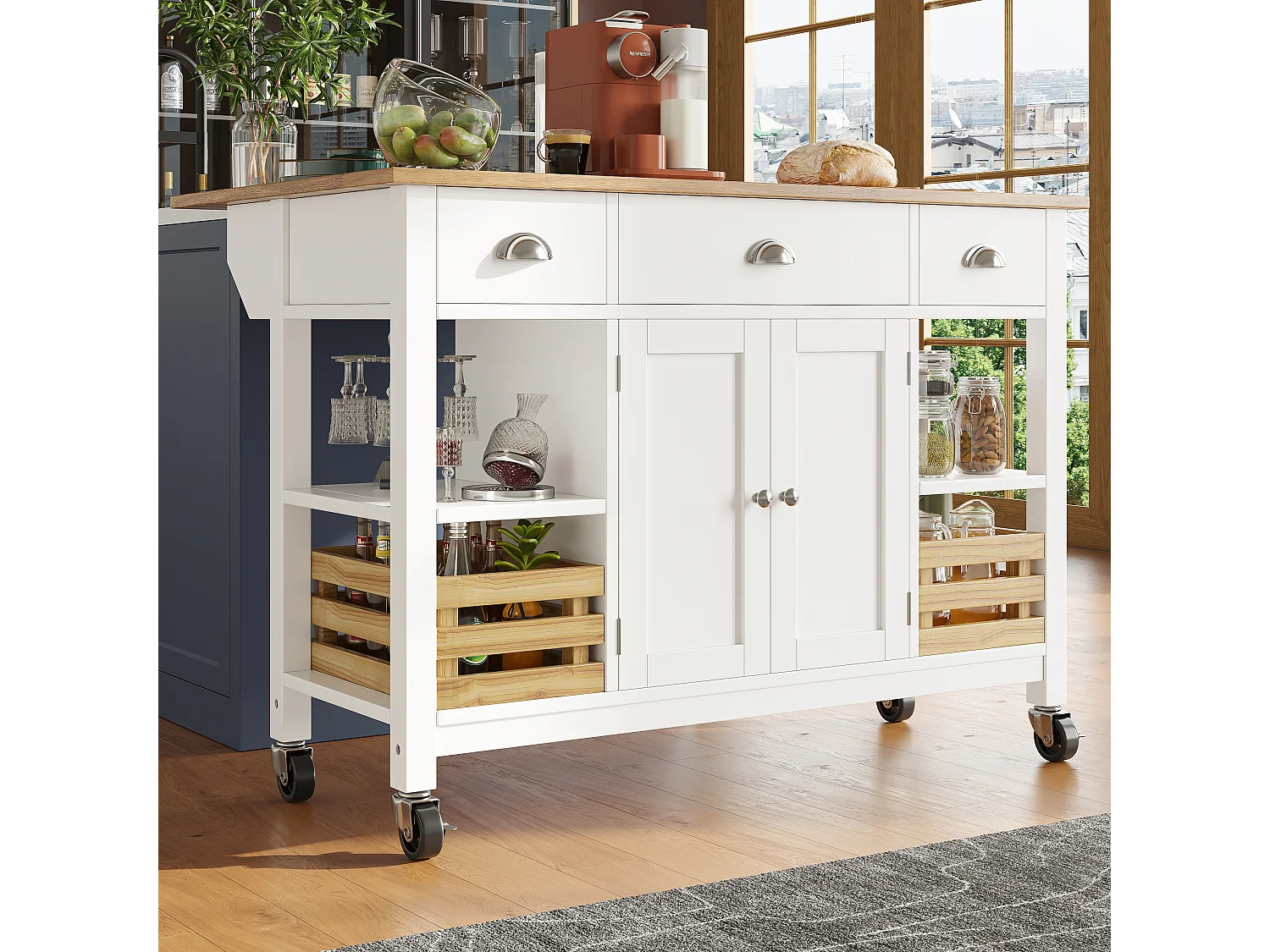 Ilot central de cuisine - chariot à roulette avec plateau extensible - 3 tiroirs et 2 portes - Blanc