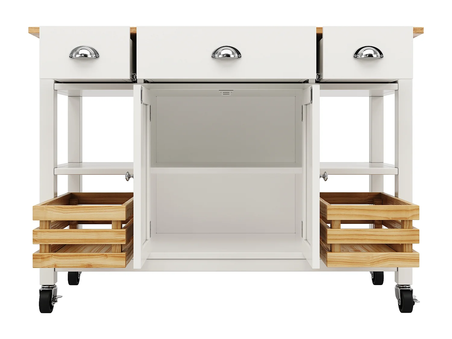 Ilot central de cuisine - chariot à roulette avec plateau extensible - 3 tiroirs et 2 portes - Blanc