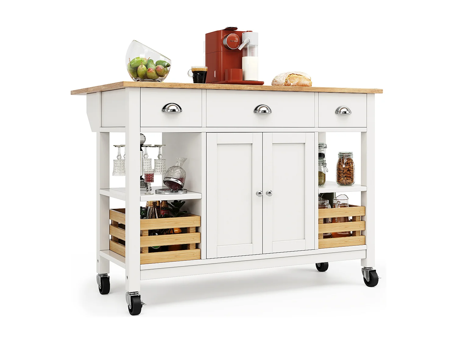 Ilot central de cuisine - chariot à roulette avec plateau extensible - 3 tiroirs et 2 portes - Blanc