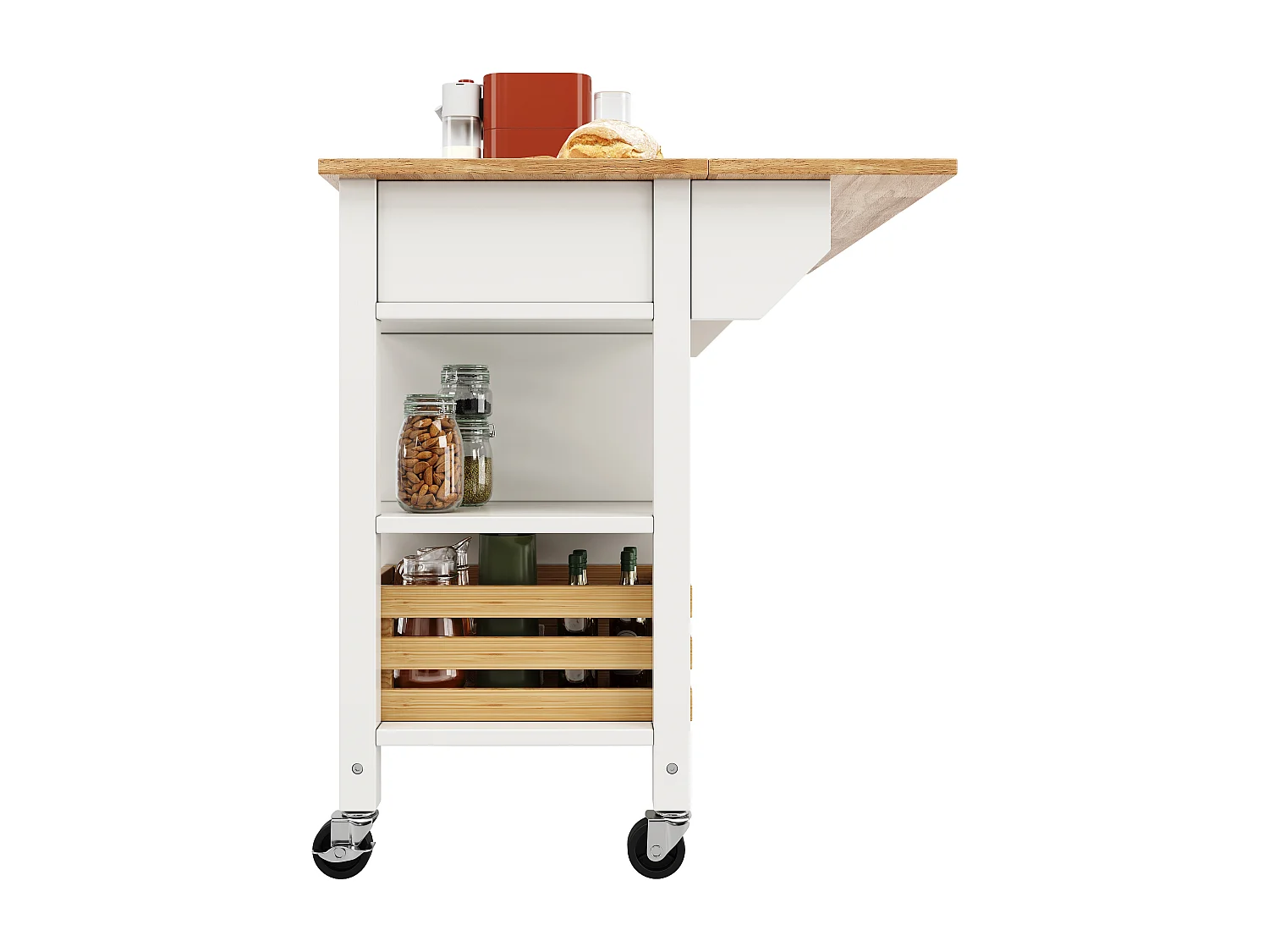 Ilot central de cuisine - chariot à roulette avec plateau extensible - 3 tiroirs et 2 portes - Blanc