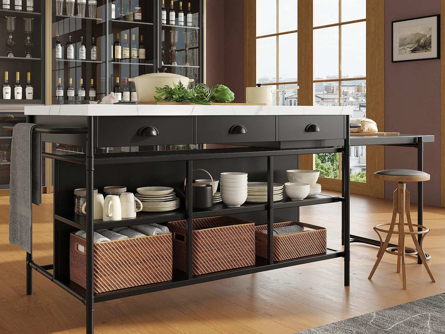 Isla central de cocina - con plancha de mármol artificial - con 3 cajones - Negro