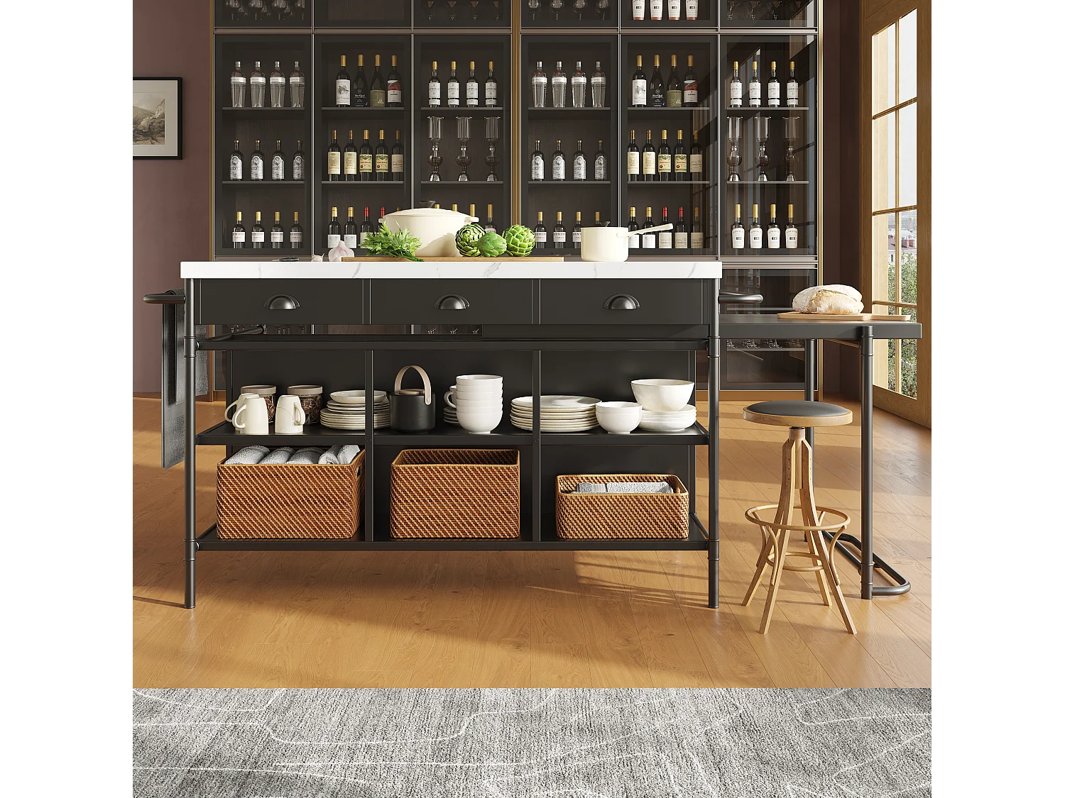 Isla central de cocina - con plancha de mármol artificial - con 3 cajones - Negro