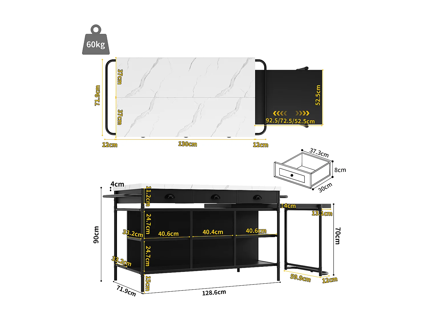 Isla central de cocina - con plancha de mármol artificial - con 3 cajones - Negro