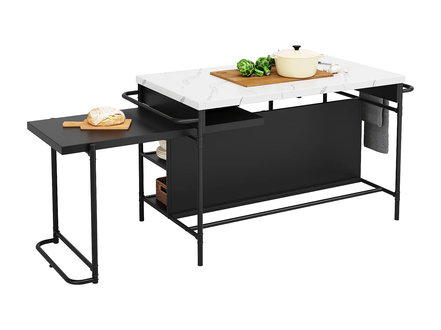 Isla central de cocina - con plancha de mármol artificial - con 3 cajones - Negro