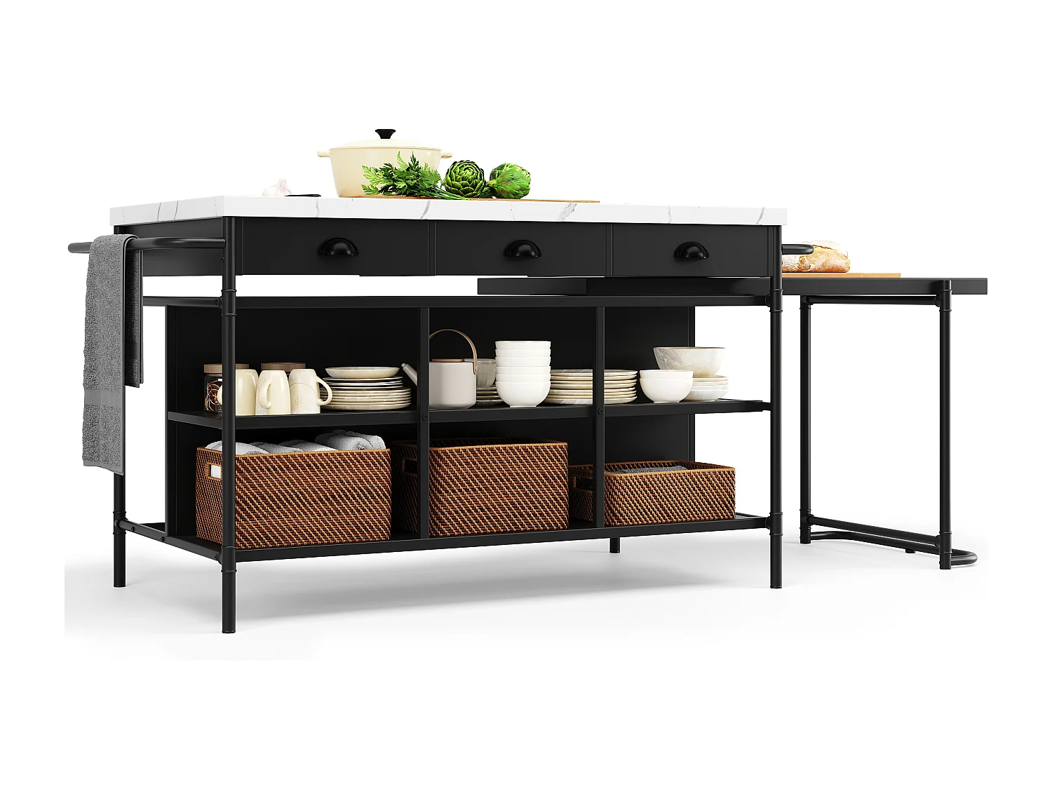 Isla central de cocina - con plancha de mármol artificial - con 3 cajones - Negro
