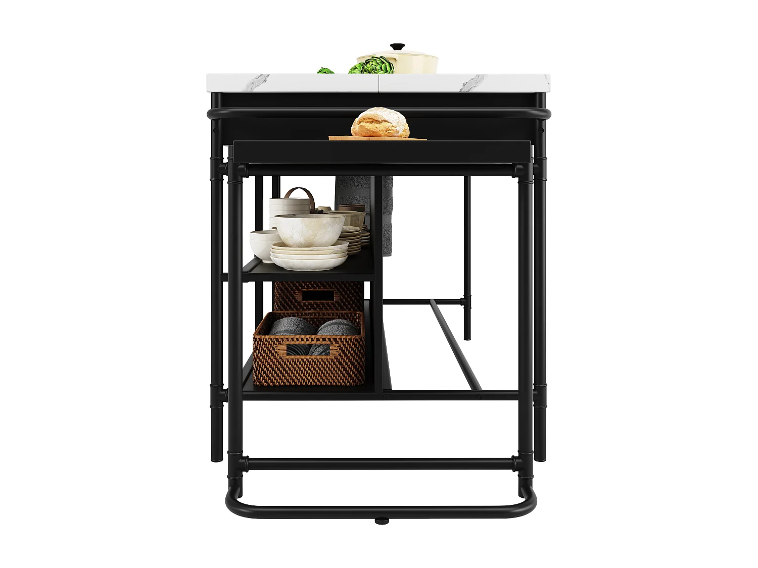 Isla central de cocina - con plancha de mármol artificial - con 3 cajones - Negro
