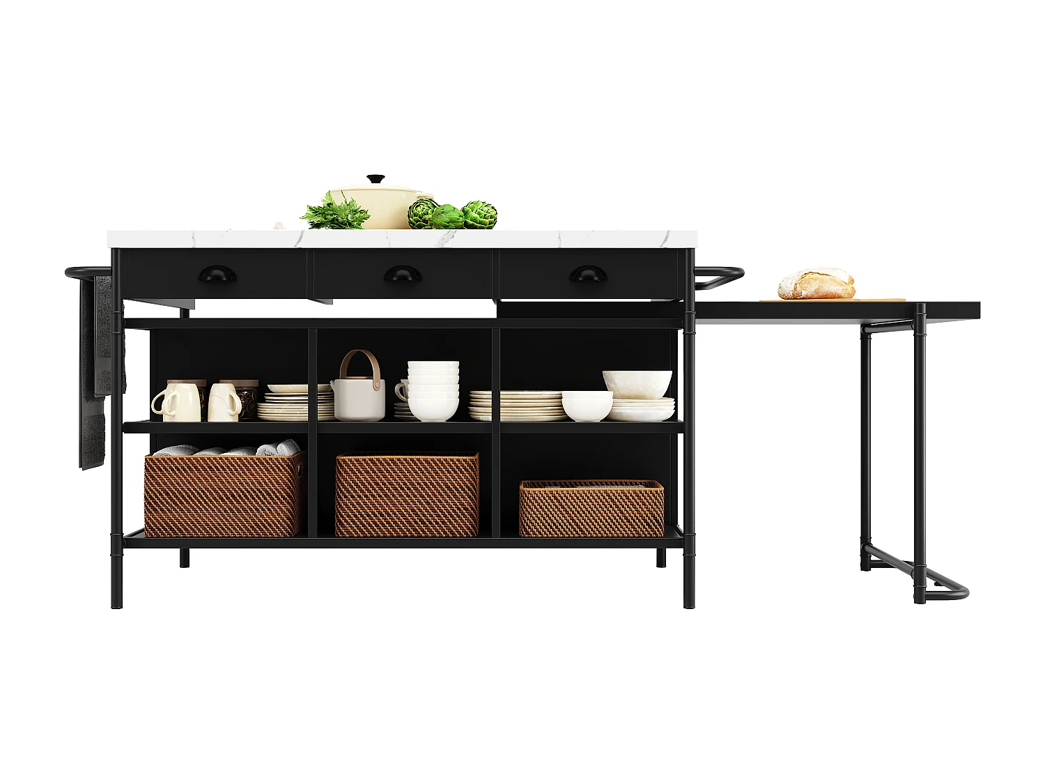 Isla central de cocina - con plancha de mármol artificial - con 3 cajones - Negro