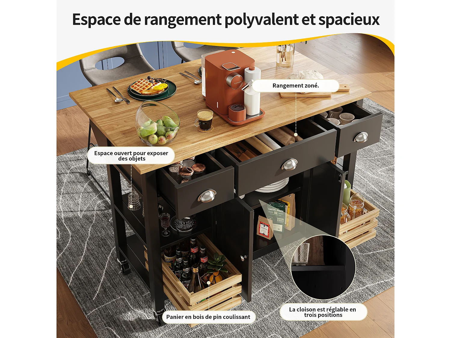 Ilot central de cuisine - chariot à roulette avec plateau extensible - 3 tiroirs et 2 portes - Noir