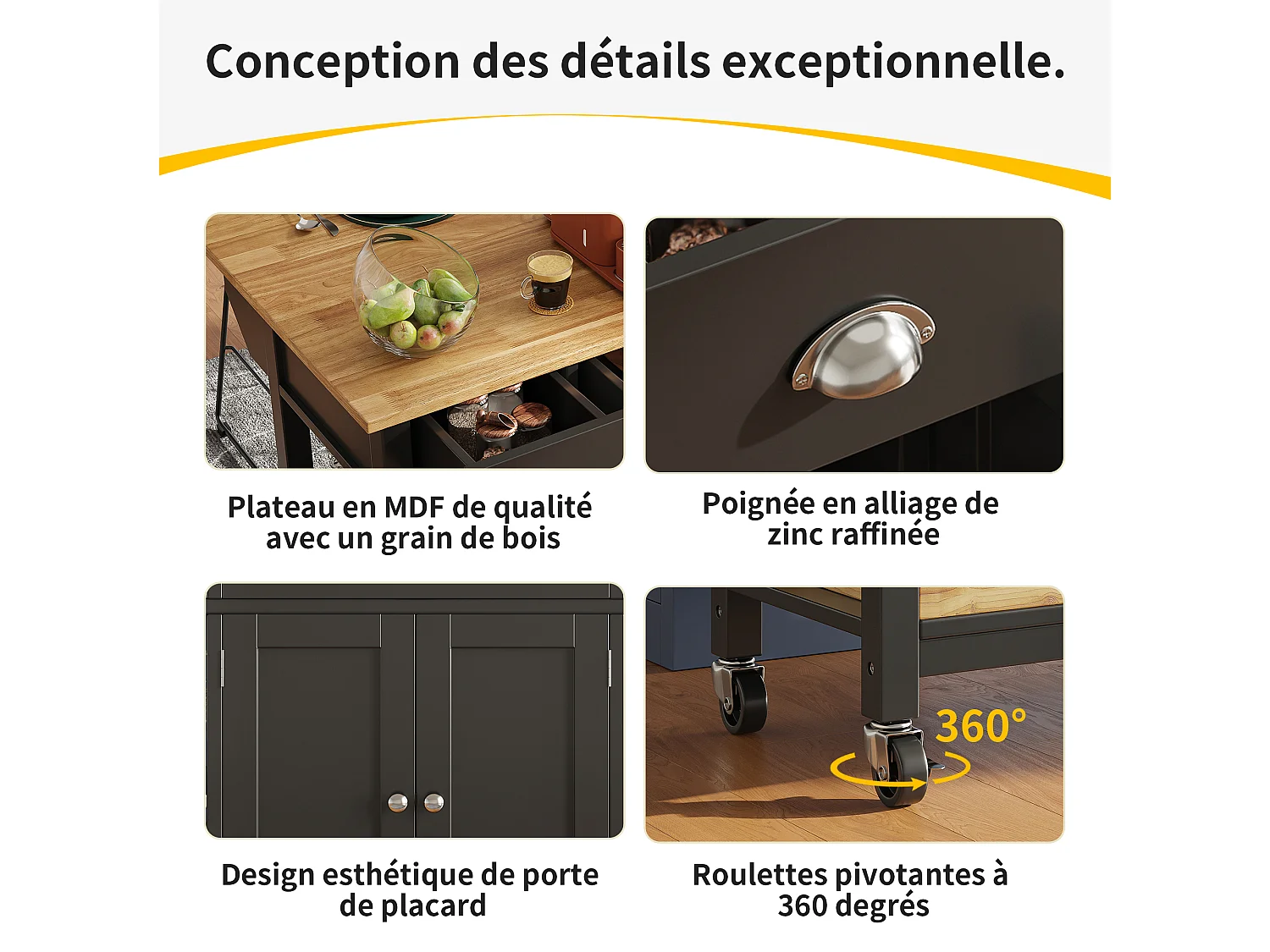 Ilot central de cuisine - chariot à roulette avec plateau extensible - 3 tiroirs et 2 portes - Noir