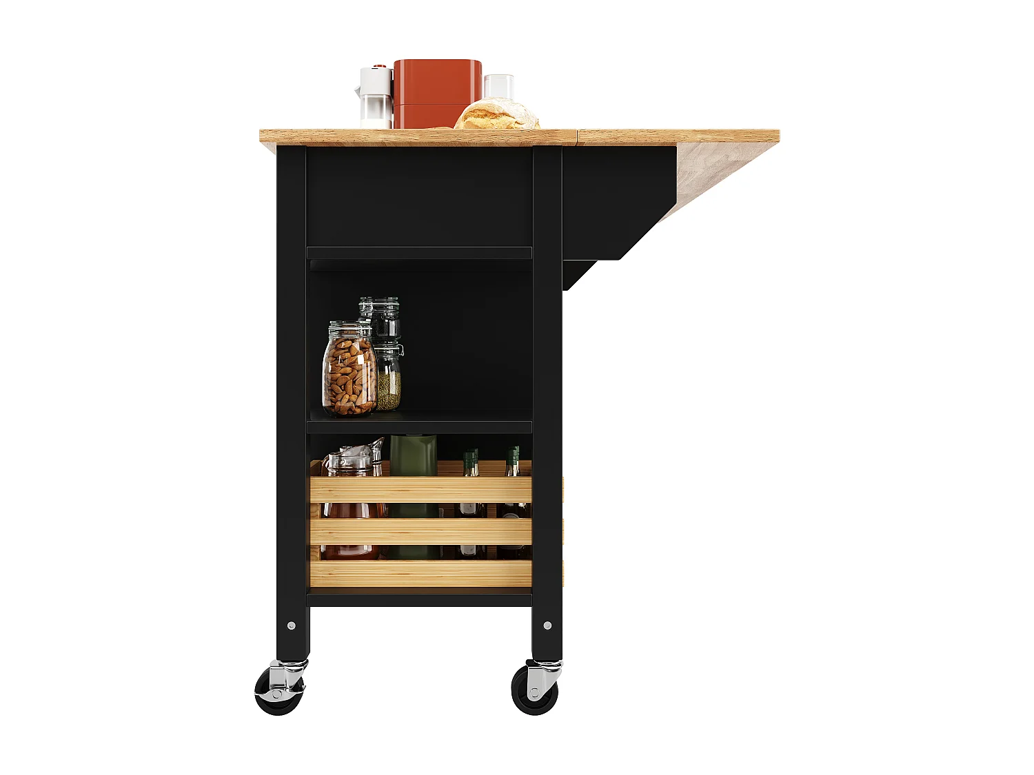 Ilot central de cuisine - chariot à roulette avec plateau extensible - 3 tiroirs et 2 portes - Noir