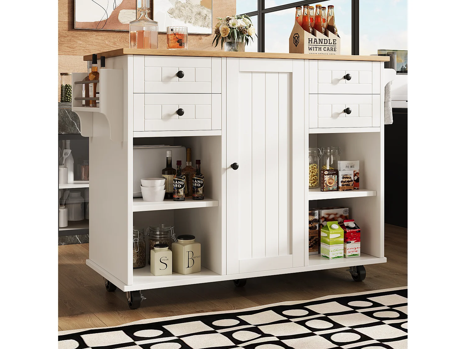 Ilot central de cuisine mobile avec 1 porte et 4 tiroirs - 111x46x91.5 cm - Bois MDF - Blanc et naturel
