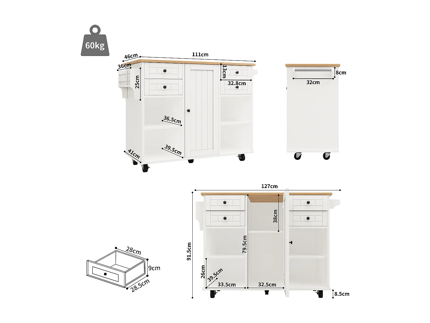Ilot central de cuisine mobile avec 1 porte et 4 tiroirs - 111x46x91.5 cm - Bois MDF - Blanc et naturel