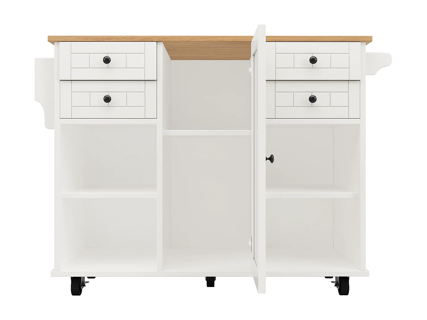 Ilot central de cuisine mobile avec 1 porte et 4 tiroirs - 111x46x91.5 cm - Bois MDF - Blanc et naturel