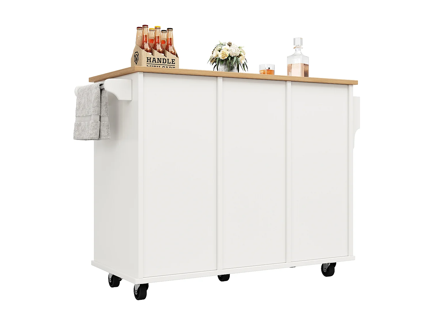 Ilot central de cuisine mobile avec 1 porte et 4 tiroirs - 111x46x91.5 cm - Bois MDF - Blanc et naturel