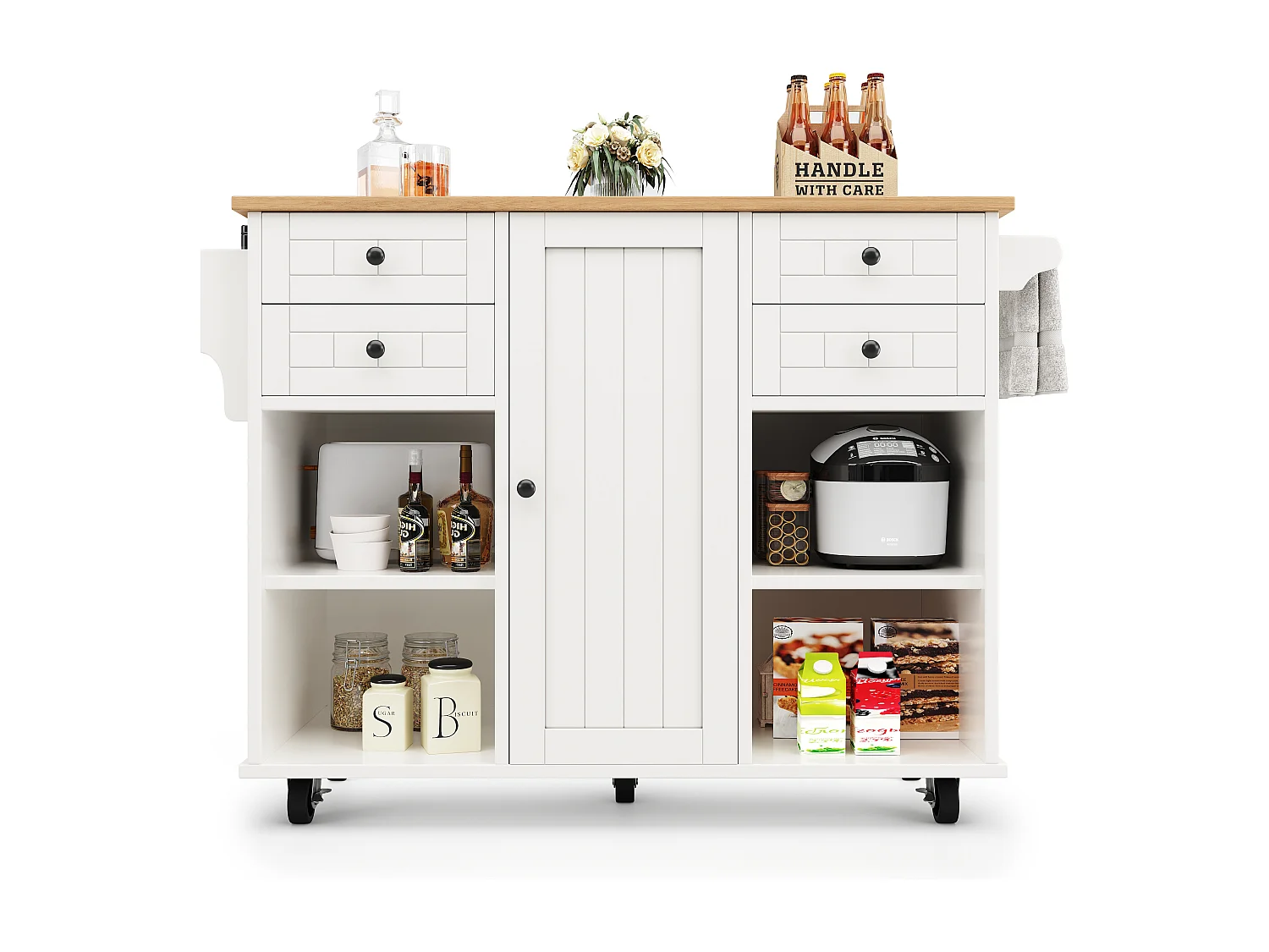 Ilot central de cuisine mobile avec 1 porte et 4 tiroirs - 111x46x91.5 cm - Bois MDF - Blanc et naturel
