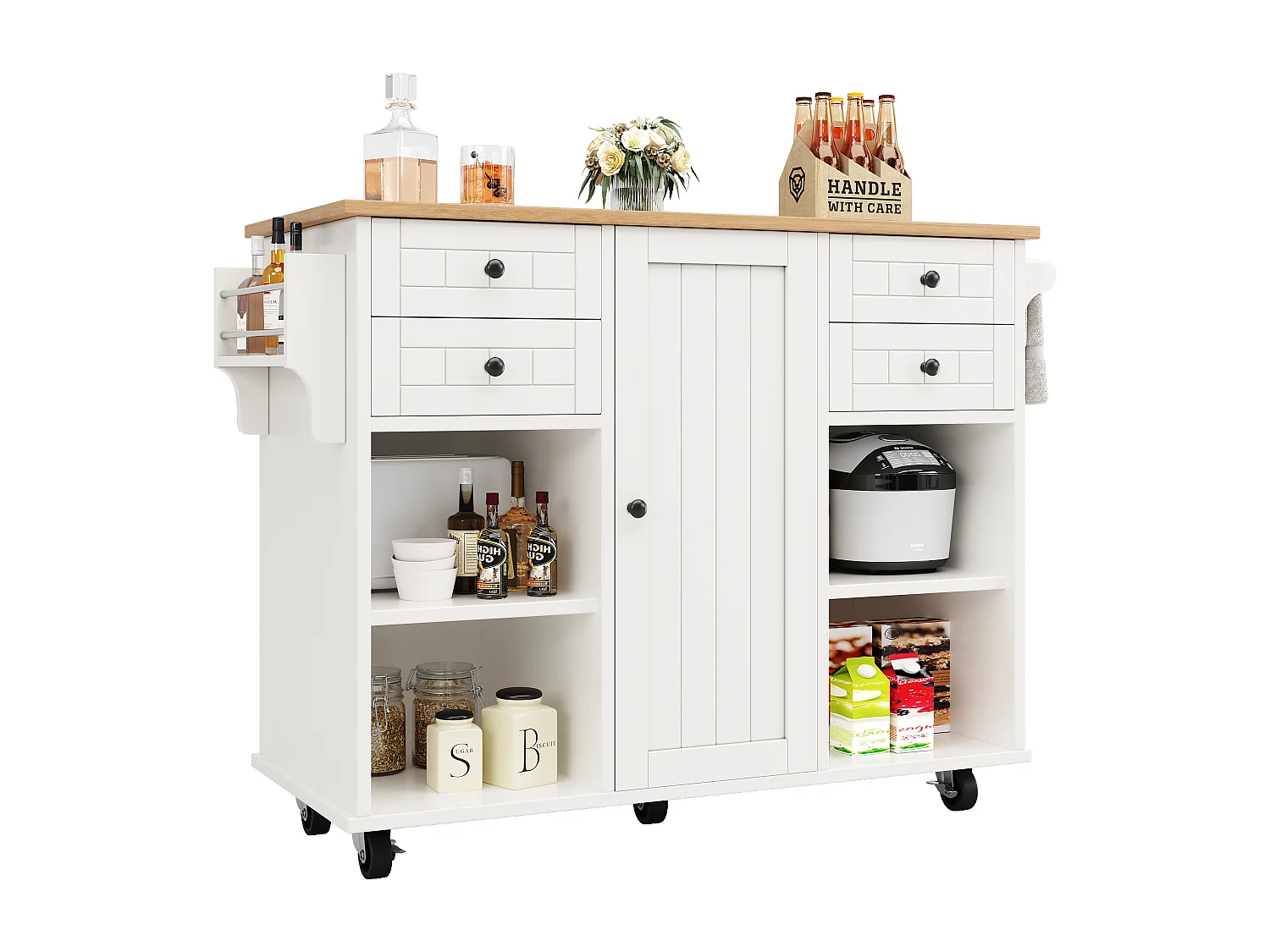 Ilot central de cuisine mobile avec 1 porte et 4 tiroirs - 111x46x91.5 cm - Bois MDF - Blanc et naturel
