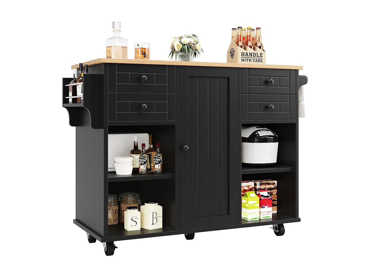 Isla central de cocina móvil con 1 puerta y 4 cajones - 111x46x91,5 cm - MDF de madera - Negro y natural