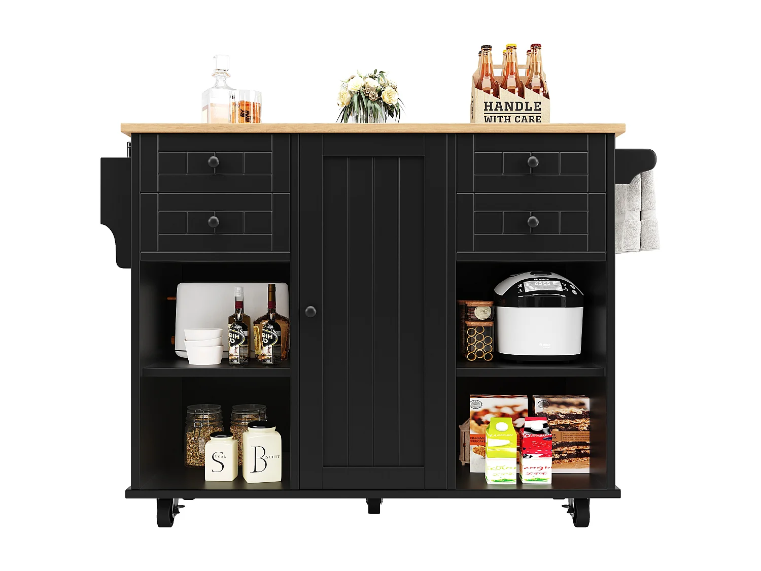 Ilot central de cuisine mobile avec 1 porte et 4 tiroirs - 111x46x91.5 cm - Bois MDF - Noir et naturel