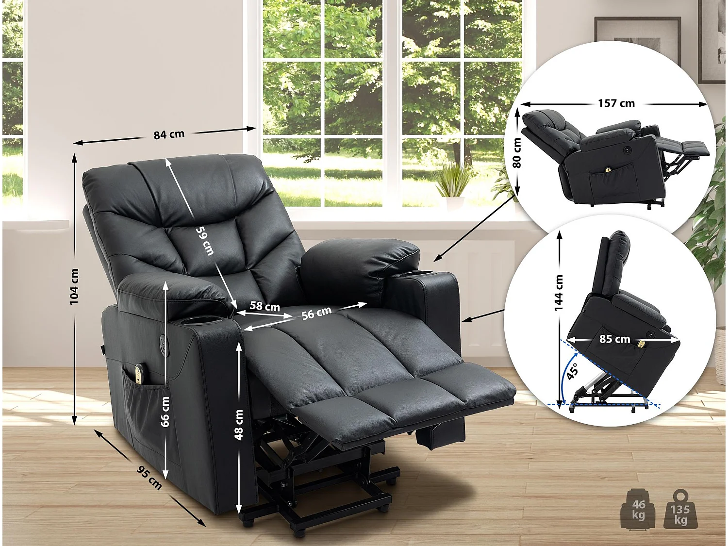 Fauteuil - Véritable cuir - Noir - Andover