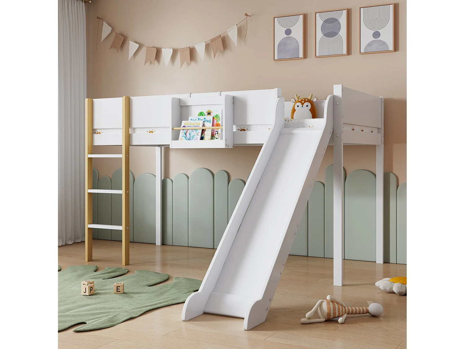 Huisbed 90x200 cm - Verwijderbare opbergplank - Stapelbed met glijbaan en trap - Massief grenen en MDF - Wit