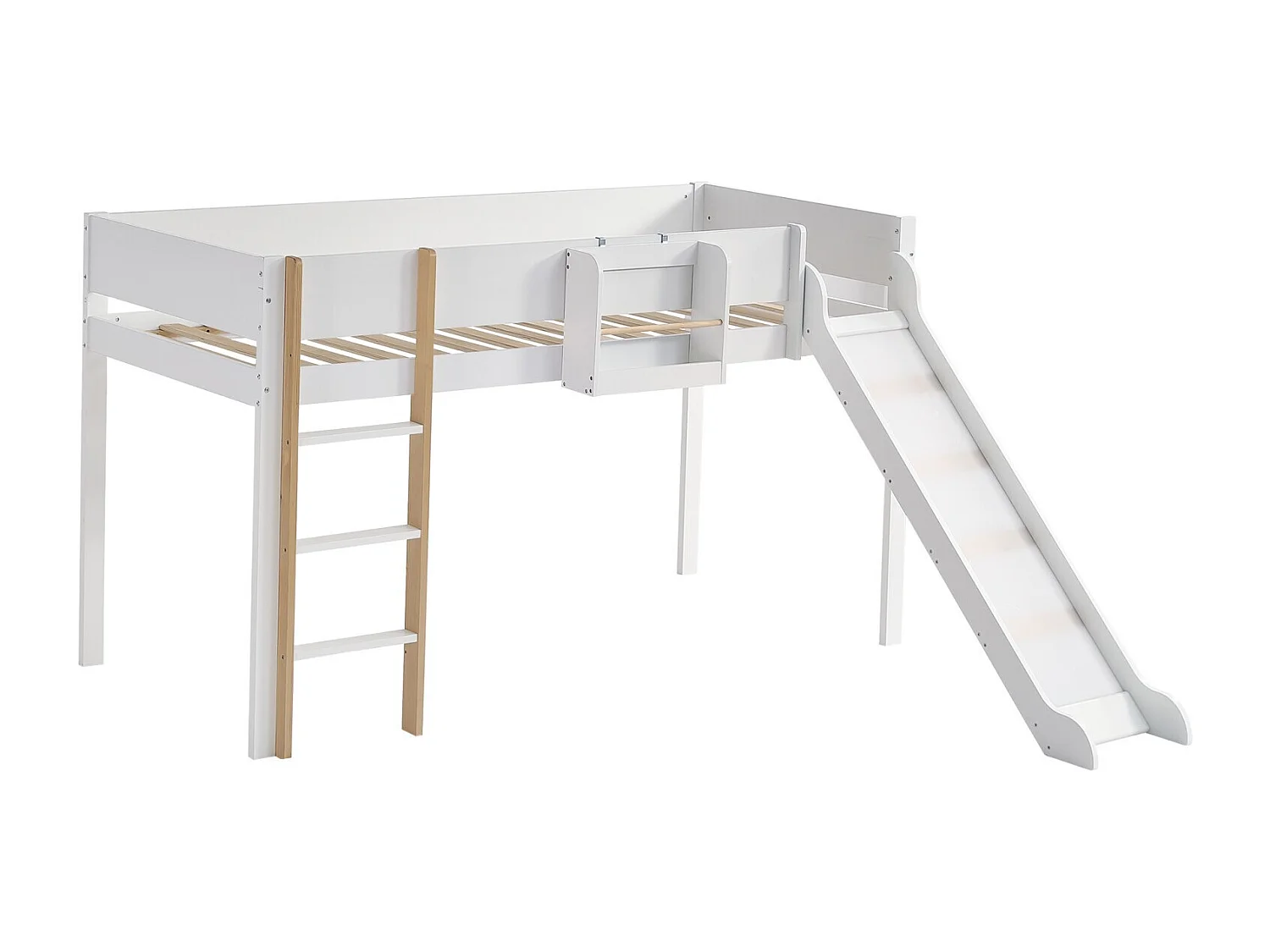 Huisbed 90x200 cm - Verwijderbare opbergplank - Stapelbed met glijbaan en trap - Massief grenen en MDF - Wit