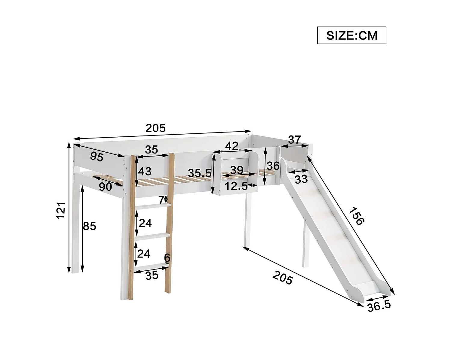 Huisbed 90x200 cm - Verwijderbare opbergplank - Stapelbed met glijbaan en trap - Massief grenen en MDF - Wit