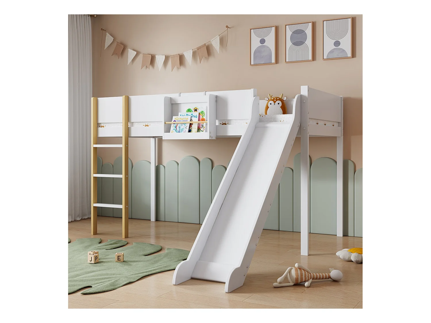Lit mezzanine 90x200cm - étagère de rangement amovible - lit superposé avec toboggan et escaliers - Pin massif et MDF - Blanc